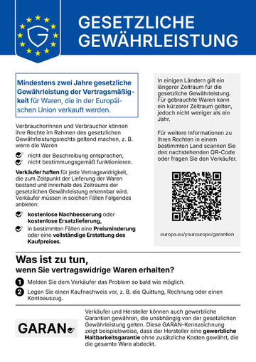 EU-Hinweis Gesetzliche Gewährleistung: Mindestens zwei Jahre gesetzliche Gewährleistung der Vertragsmäßigkeit für Waren, die in der Europäischen Union verkauft werden. Verbraucherinnen und Verbraucher können ihre Rechte geltend machen, z. B. wenn die Waren nicht der Beschreibung entsprechen oder nicht bestimmungsgemäß funktionieren. Verkäufer haften für jede Vertragswidrigkeit, die zum Zeitpunkt der Lieferung bestand und innerhalb des Zeitraums der gesetzlichen Gewährleistung erkennbar wird. Sie müssen dann kostenlose Nachbesserung oder kostenlose Ersatzlieferung anbieten, in bestimmten Fällen eine Preisminderung oder eine vollständige Erstattung des Kaufpreises. Was ist bei vertragswidrigen Waren zu tun? Erstens: Melden Sie dem Verkäufer das Problem so bald wie möglich. Zweitens: Legen Sie einen Kaufnachweis vor, z. B. die Quittung, Rechnung oder einen Kontoauszug.